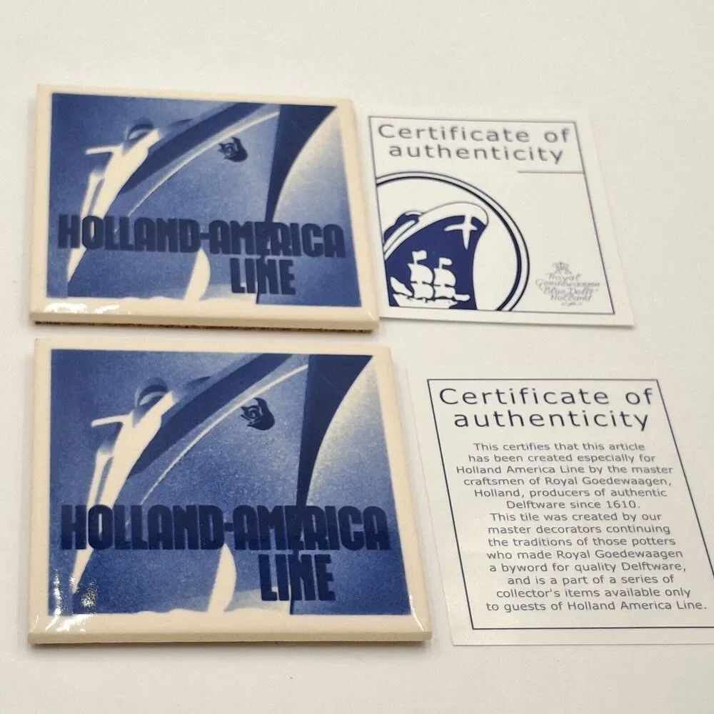 Holland American Cruise Line Blue Delft Coaster Tiles w/Cork Backing Set of 2
